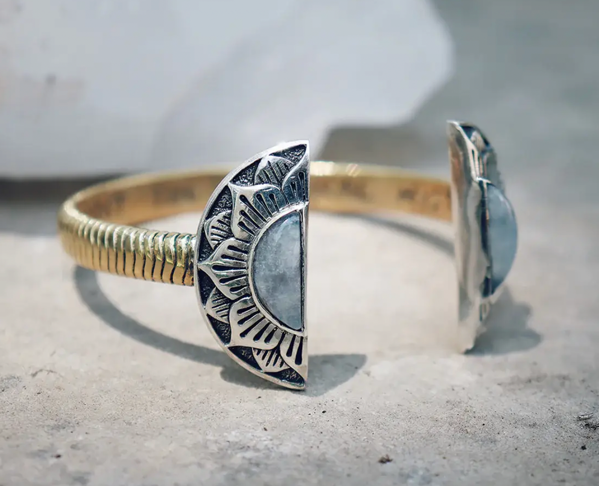 Natural Mystic Cuff | Turquoise, Brass with Sterling Silver | Bahgsu Jewels