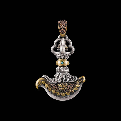 Vajra Axe Blade Pendant | Brown Garuda Rope Necklace | Oxidized Silver, Brass, Copper & Turquoise | Coppertist.Wu