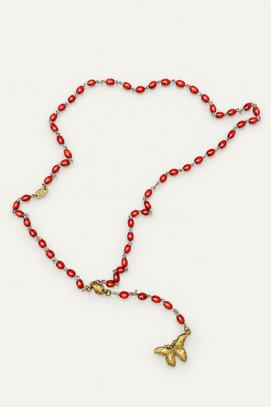 Red Beaded Rosary Necklace with Butterfly | Oxidized Silver | Alkemie Jewelry