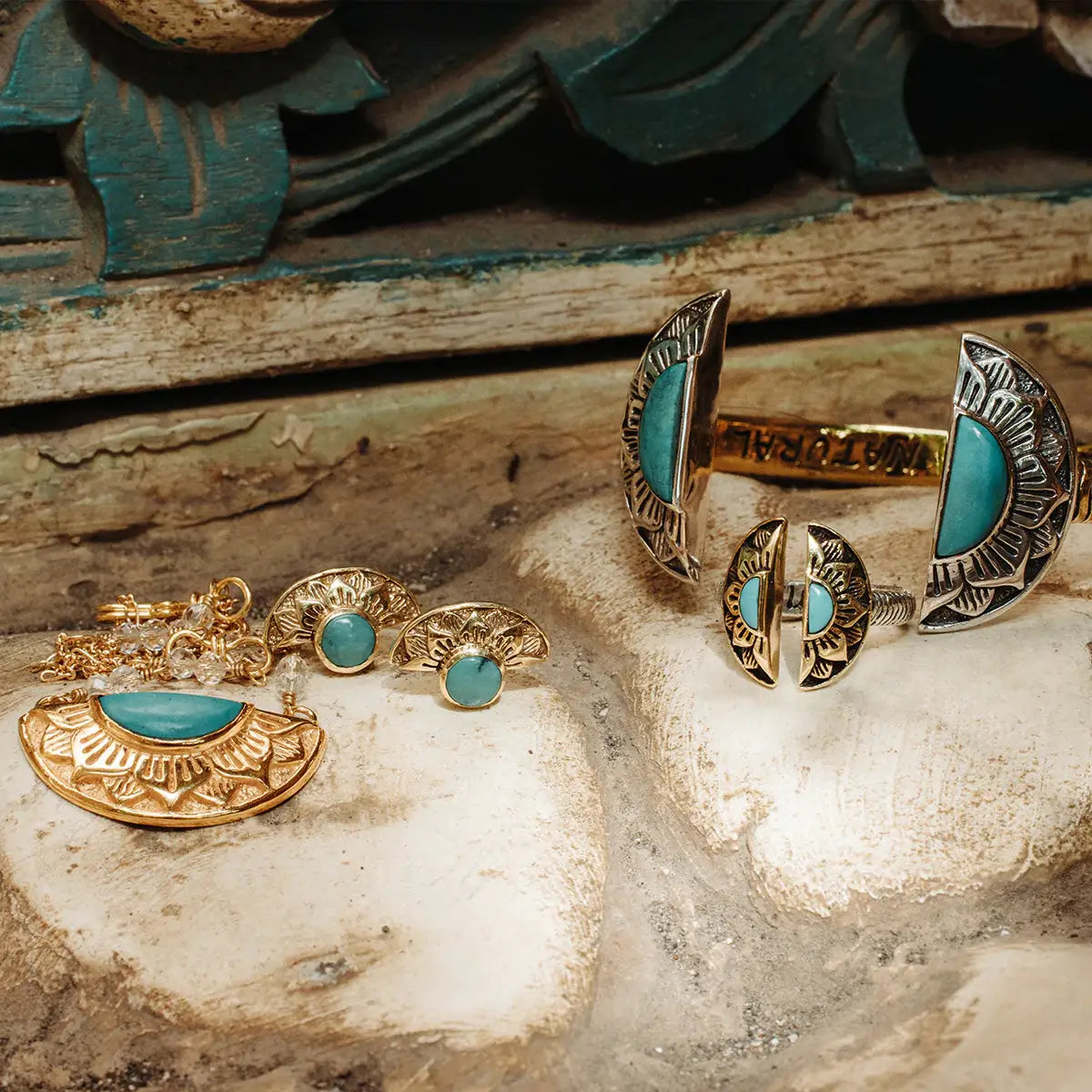 Natural Mystic Cuff | Turquoise, Brass with Sterling Silver | Bahgsu Jewels