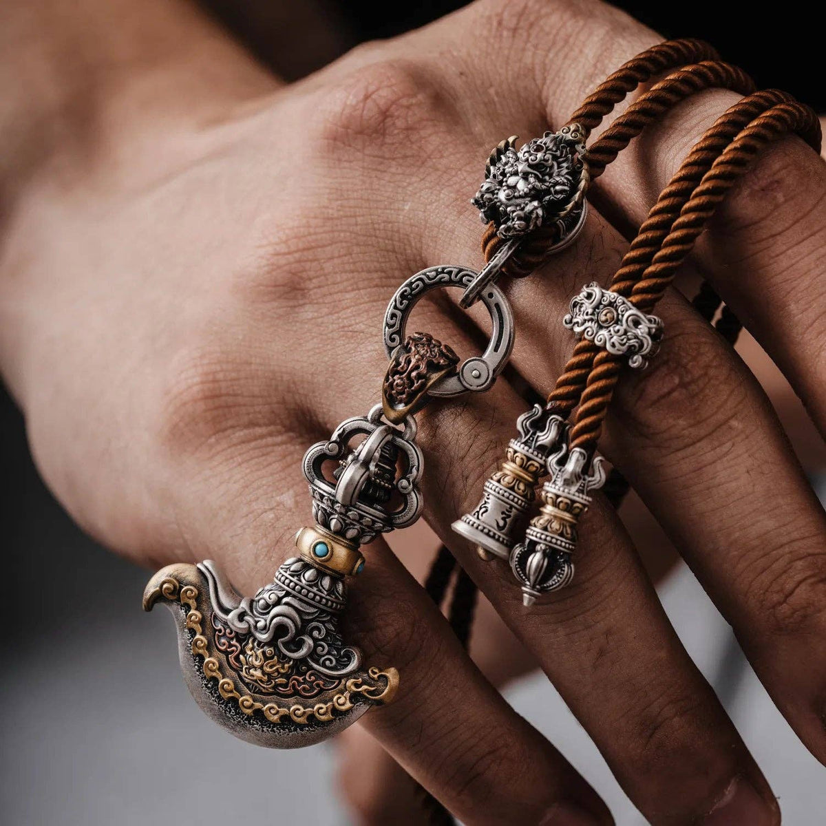 Vajra Axe Blade Pendant | Brown Garuda Rope Necklace | Oxidized Silver, Brass, Copper & Turquoise | Coppertist.Wu