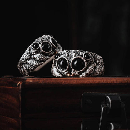 Jumping Spider Ring | Sterling Silver, Matte Black or Brass with Black Agate Eyes | Coppertist.Wu