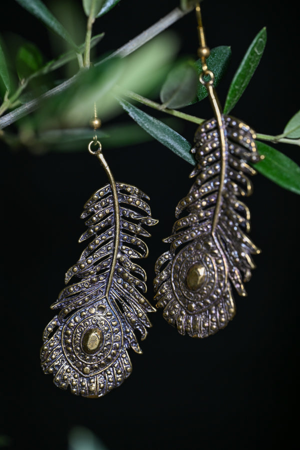 Peacock Feather Earrings | Gold Patina | Alkemie Jewelry