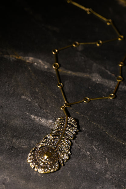 Peacock Feather Necklace | Gold Patina | Alkemie Jewelry