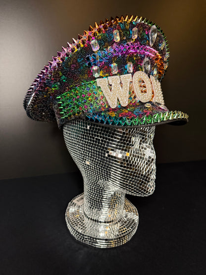 Rainbow Sequin Rhinestone Captain's Hat | Festival Glam