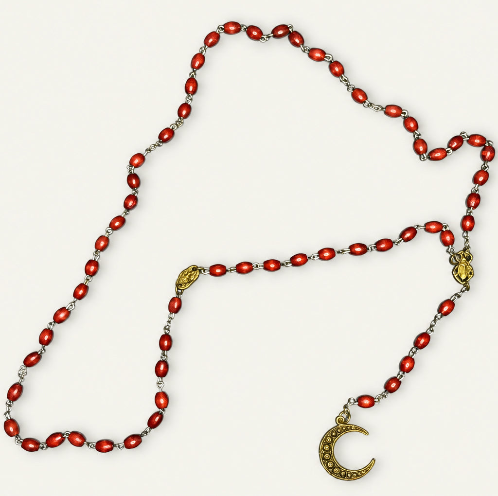 Red Rosary Necklace with Scarab & Crescent Moon | Aged Gold Patina | Alkemie Jewelry
