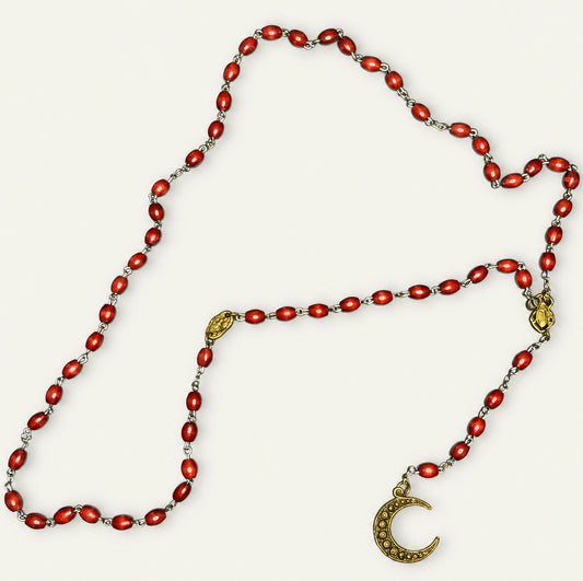 Red Rosary Necklace with Scarab & Crescent Moon | Aged Gold Patina | Alkemie Jewelry