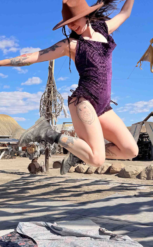 Purple Burnout Velvet Mystique Shortsie | Velvet Romper | Warrior Within Designs