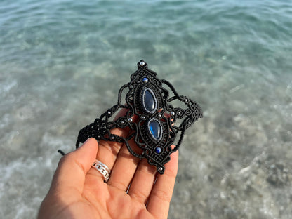 Labradorite Arm Cuff | Black or Brown Macrame