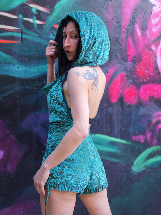 Hunter Green Burnout Velvet Mystique Shortsie | Burnout Velvet Romper | Warrior Within Designs