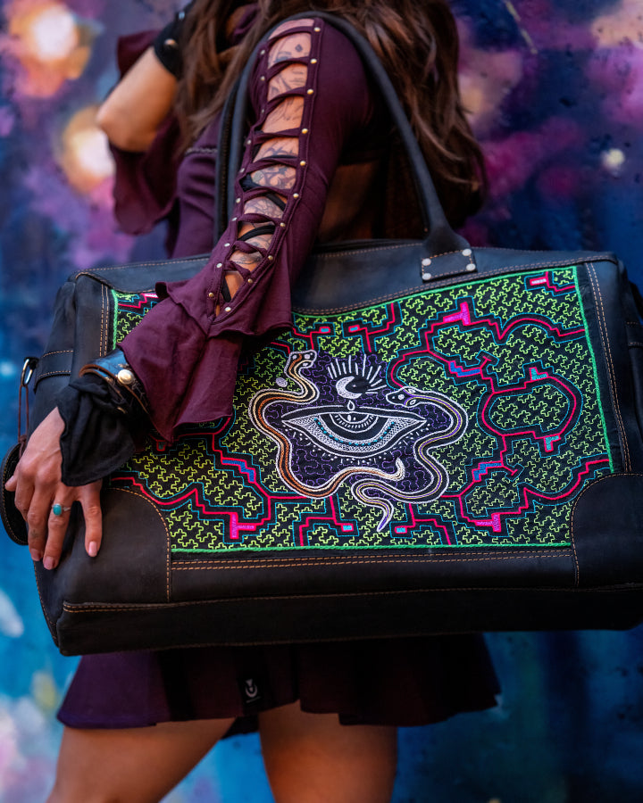 Leather Handbag with Shipibo Embroidery | Artisan Made in Peru