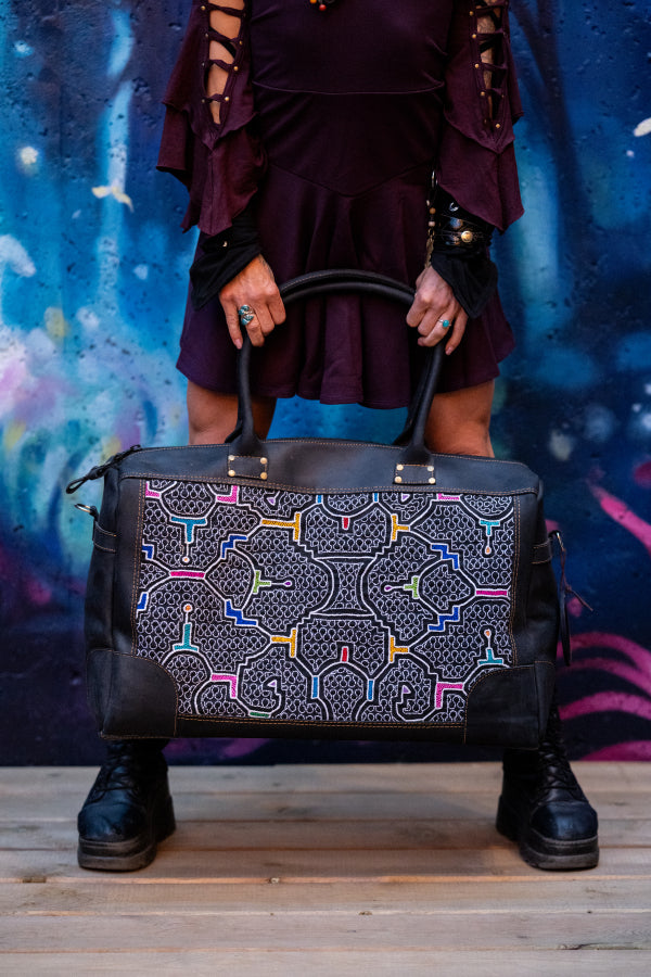 Leather Handbag with Shipibo Embroidery | Artisan Made in Peru