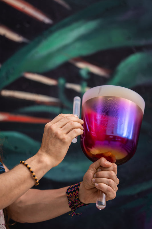Ruby Aura Handheld Crystal Singing Bowl | B3 | A=432 Hz | Crown Chakra