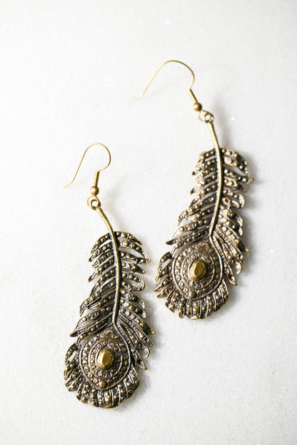 Peacock Feather Earrings | Gold Patina | Alkemie Jewelry
