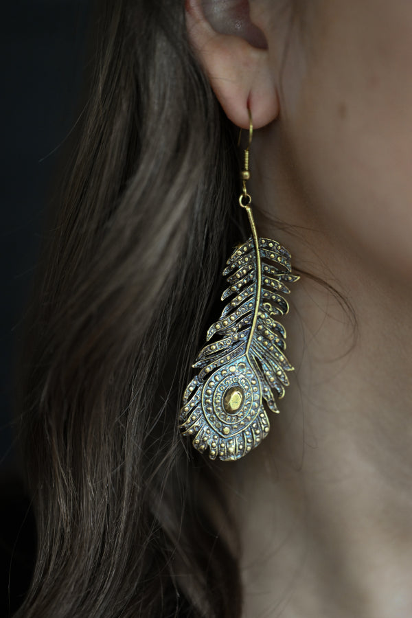 Peacock Feather Earrings | Gold Patina | Alkemie Jewelry
