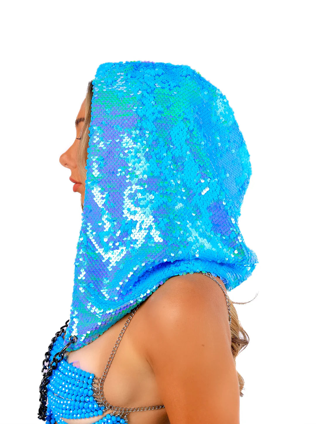 Sky Blue Sequin Hood | Shimmering Festival Hood