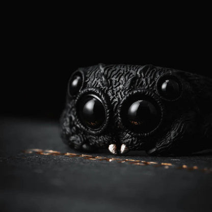 Jumping Spider Ring | Sterling Silver, Matte Black or Brass with Black Agate Eyes | Coppertist.Wu