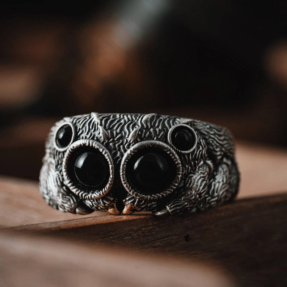 Jumping Spider Ring | Sterling Silver, Matte Black or Brass with Black Agate Eyes | Coppertist.Wu