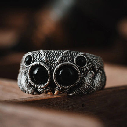 Jumping Spider Ring | Sterling Silver, Matte Black or Brass with Black Agate Eyes | Coppertist.Wu