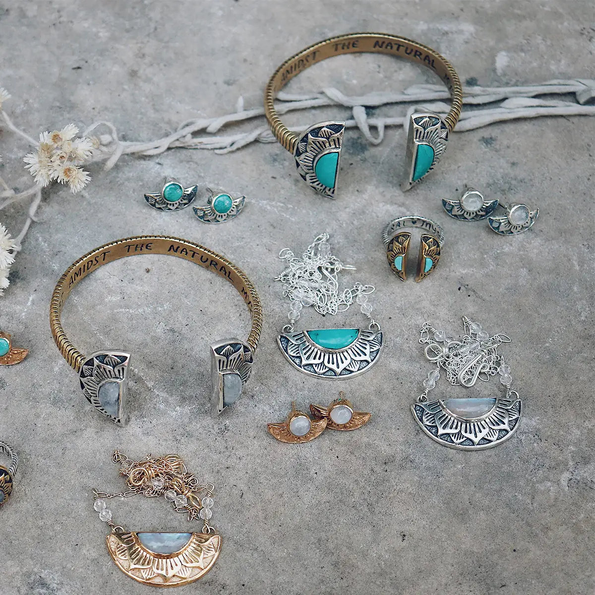 Natural Mystic Cuff | Turquoise, Brass with Sterling Silver | Bahgsu Jewels