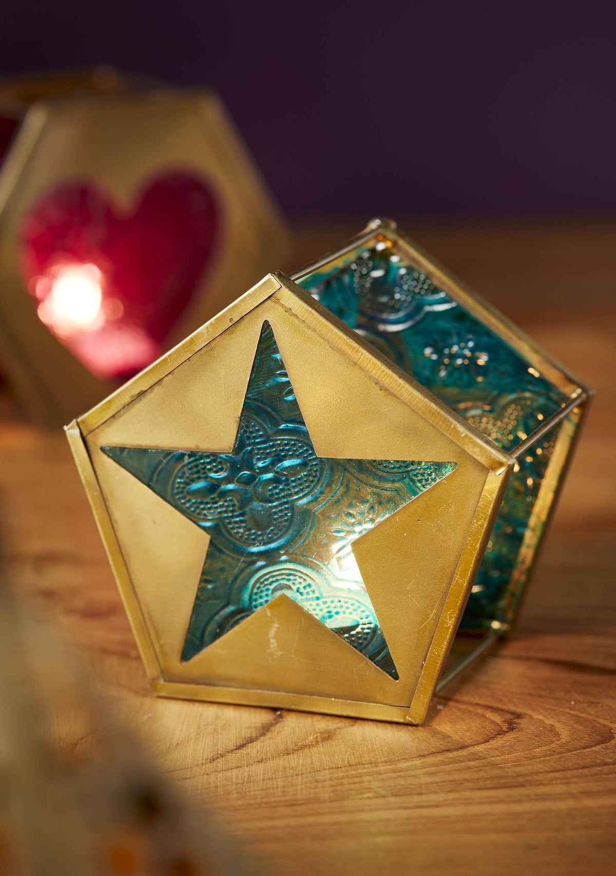 Pentagon Star Lantern | Turquoise Glass Tealight Holder