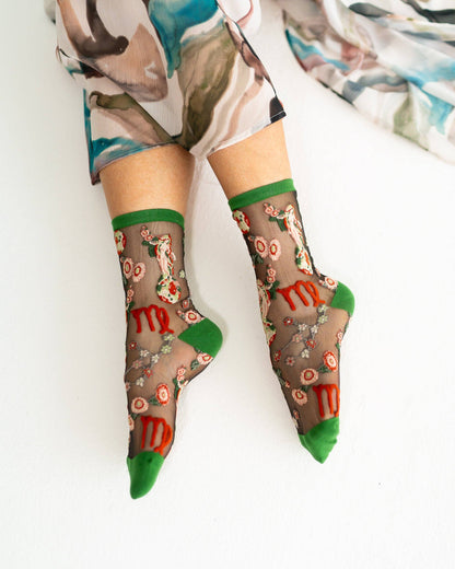 Virgo Zodiac Black Sheer Crew Sock **