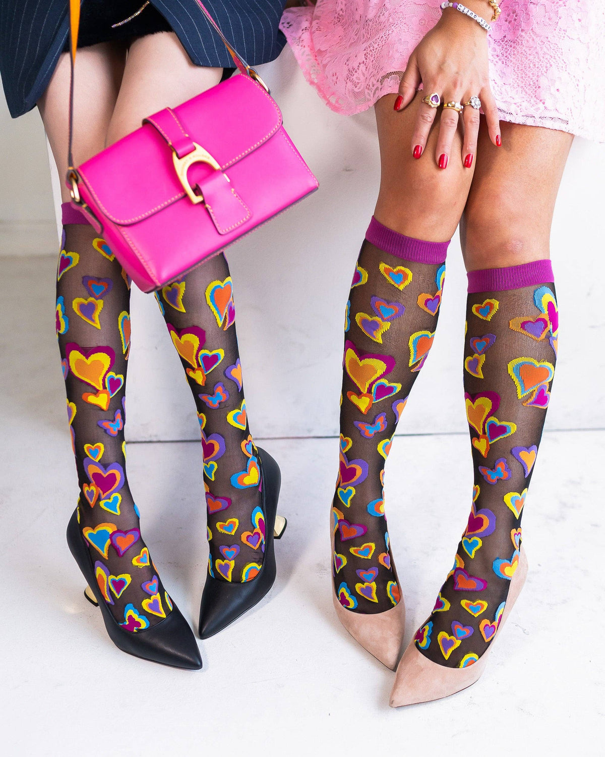 Y2K Hearts Black | Sheer Knee High Socks