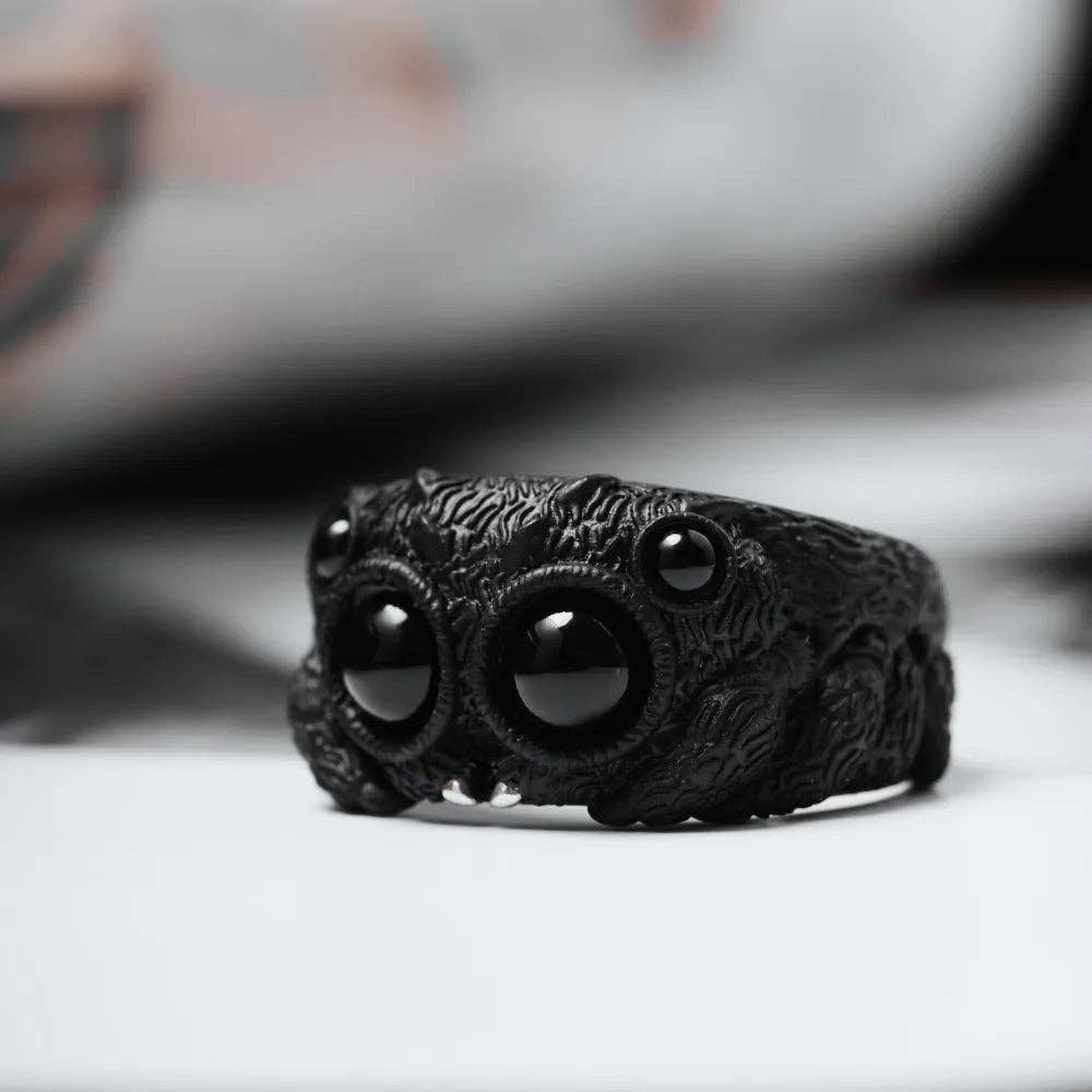 Jumping Spider Ring | Sterling Silver, Matte Black or Brass with Black Agate Eyes | Coppertist.Wu