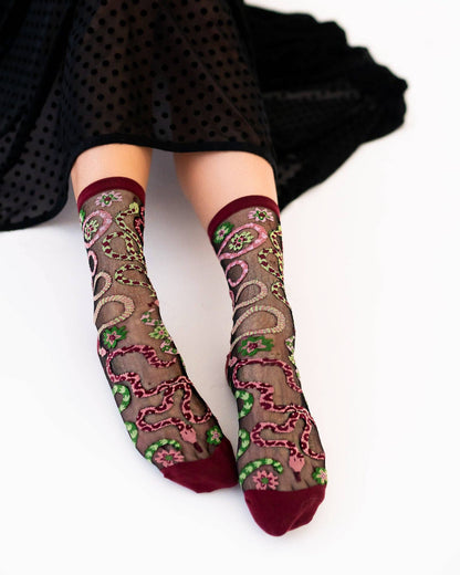 Serpentine Floral Black | Sheer Crew Sock