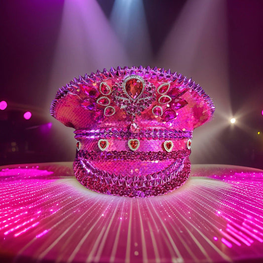 Pink Heart Rhinestone Sequin Captain's Hat | Festival Glam