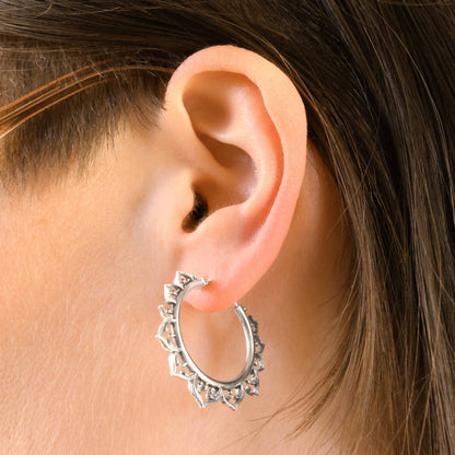 Hollow Lotus Hoop Earrings | Sterling Silver