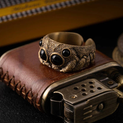Jumping Spider Ring | Sterling Silver, Matte Black or Brass with Black Agate Eyes | Coppertist.Wu
