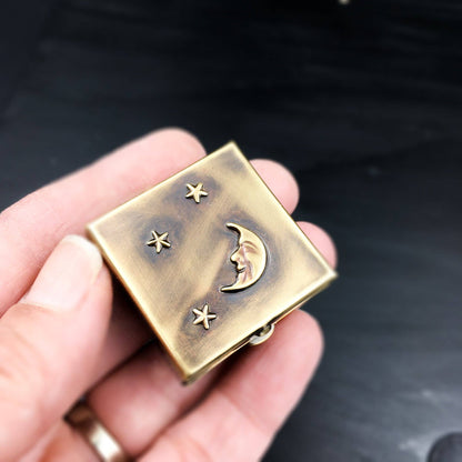 Tiny Brass Pill Box with Skull or Moon & Stars!