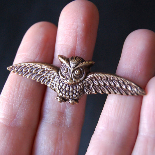 Golden Horned Owl Brooch Pin | Handmade Brass Owl Pin