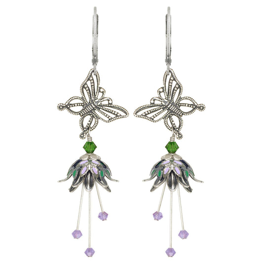 Butterfly Song Flower Fairy Earrings | Hand-Painted Brass & Swarovski Crystal