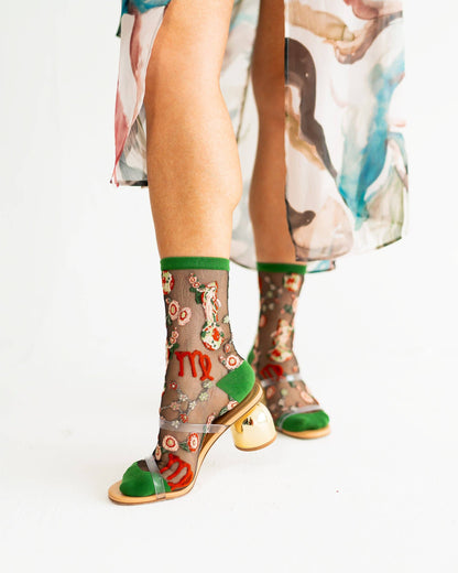 Virgo Zodiac Black Sheer Crew Sock **