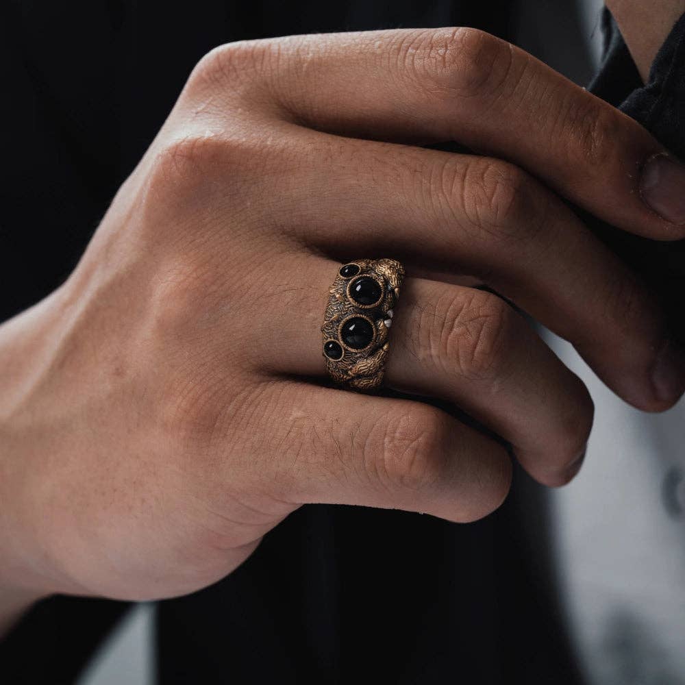 Jumping Spider Ring | Sterling Silver, Matte Black or Brass with Black Agate Eyes | Coppertist.Wu
