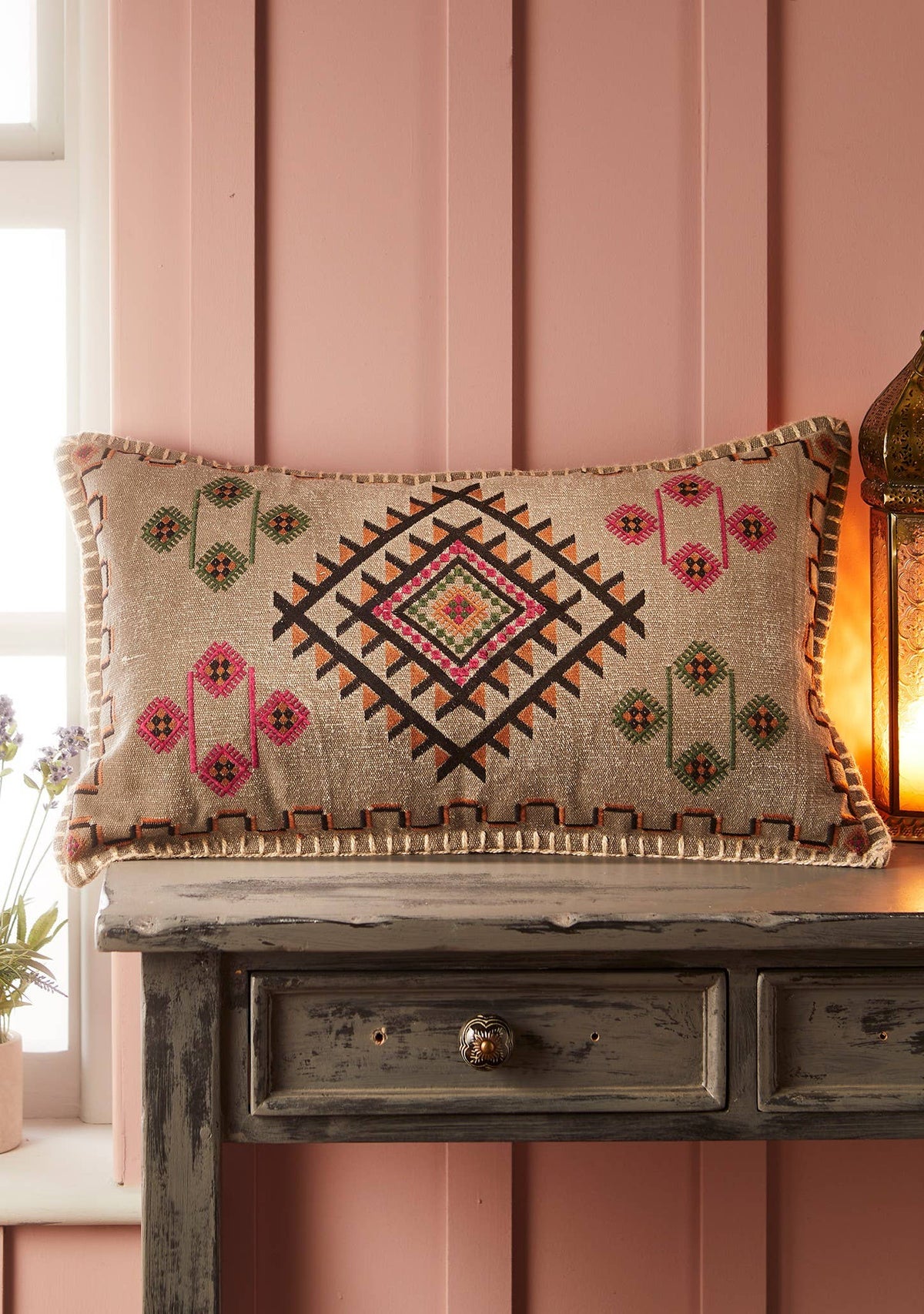 Satara Embroidered Cushion | Artisan Cotton Lumbar Pillow