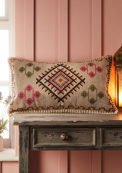 Satara Embroidered Cushion | Artisan Cotton Lumbar Pillow
