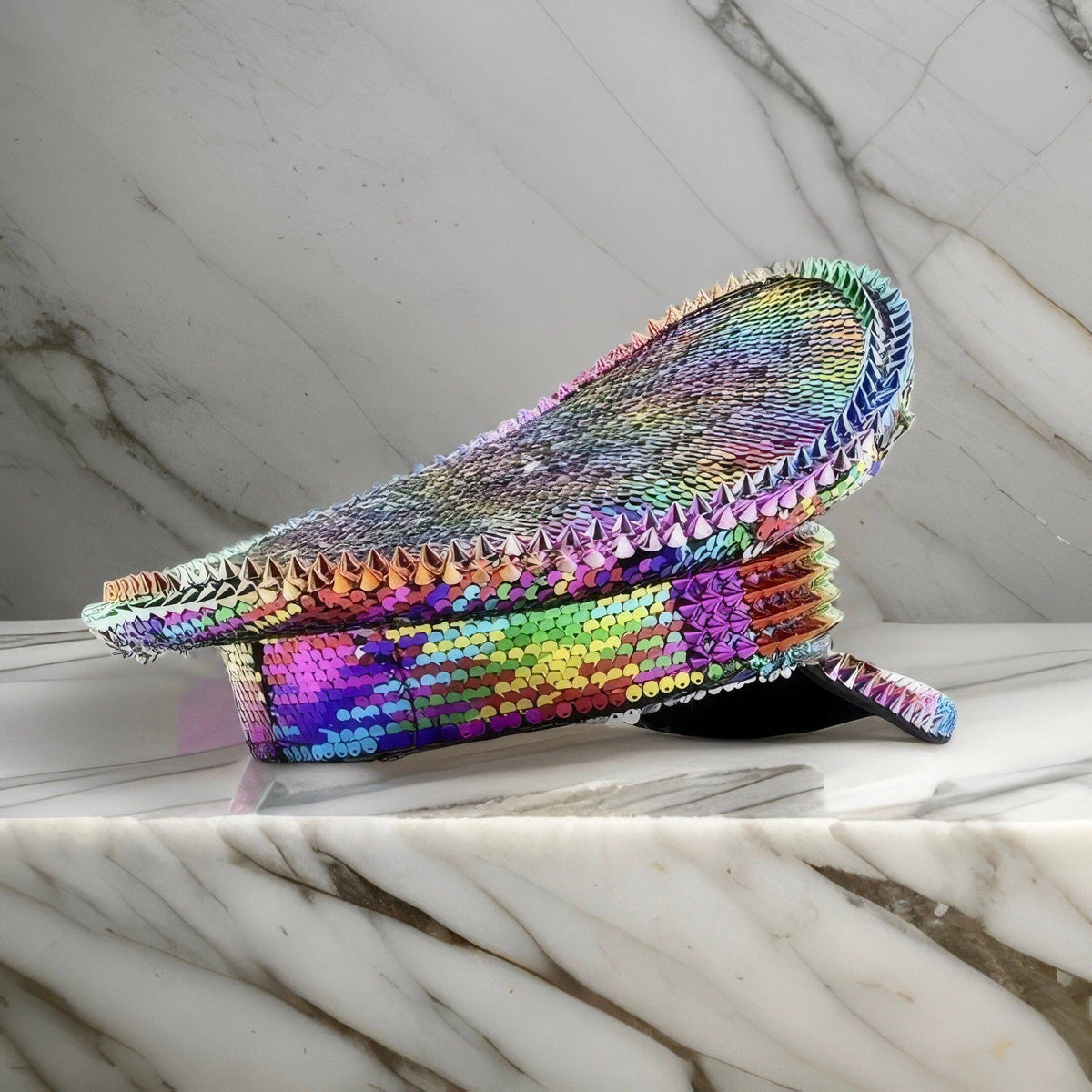 Rainbow Sequin Rhinestone Captain's Hat | Festival Glam