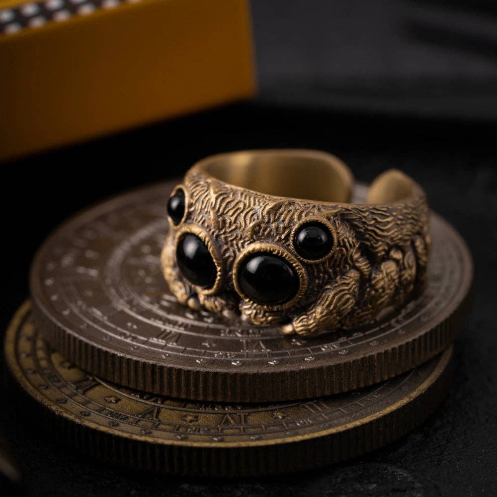 Jumping Spider Ring | Sterling Silver, Matte Black or Brass with Black Agate Eyes | Coppertist.Wu
