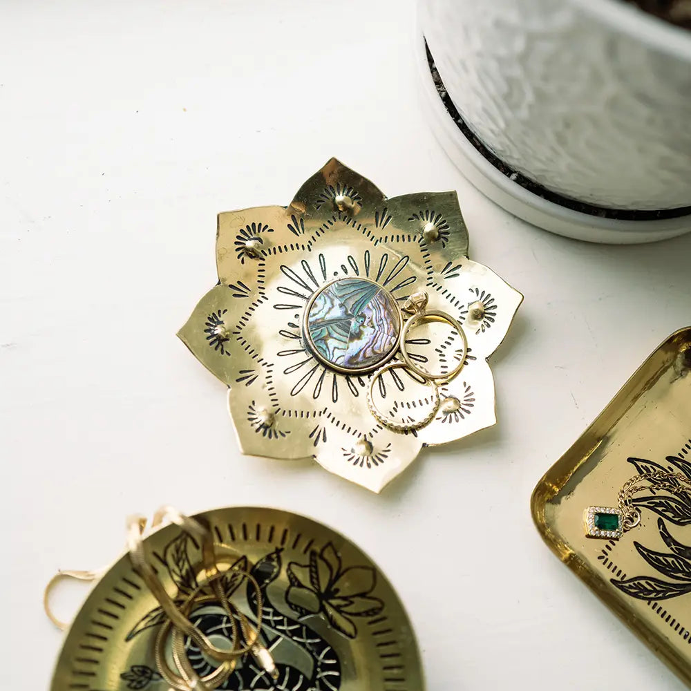 Kairavini Lotus Catchall Dish | Brass & Abalone Jewelry Dish