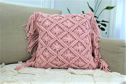 Pink Macramé Accent Pillow | Handwoven Home Décor