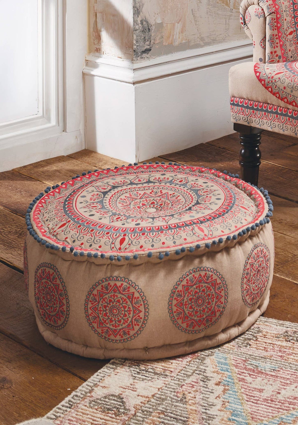 Mandala Embroidered Pouffe | Handcrafted Cotton Pouffe