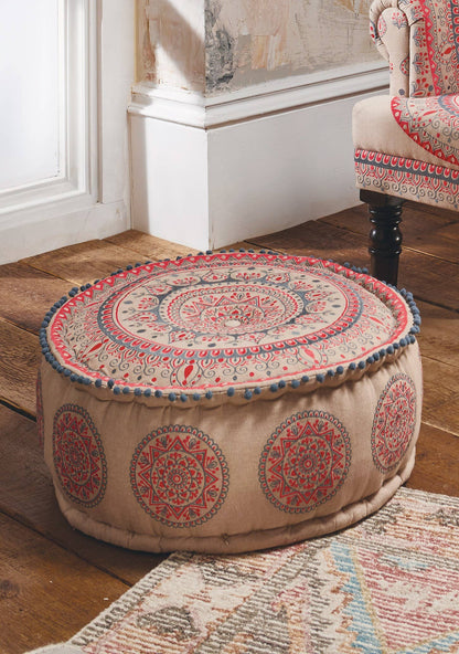 Mandala Embroidered Pouffe | Handcrafted Cotton Pouffe