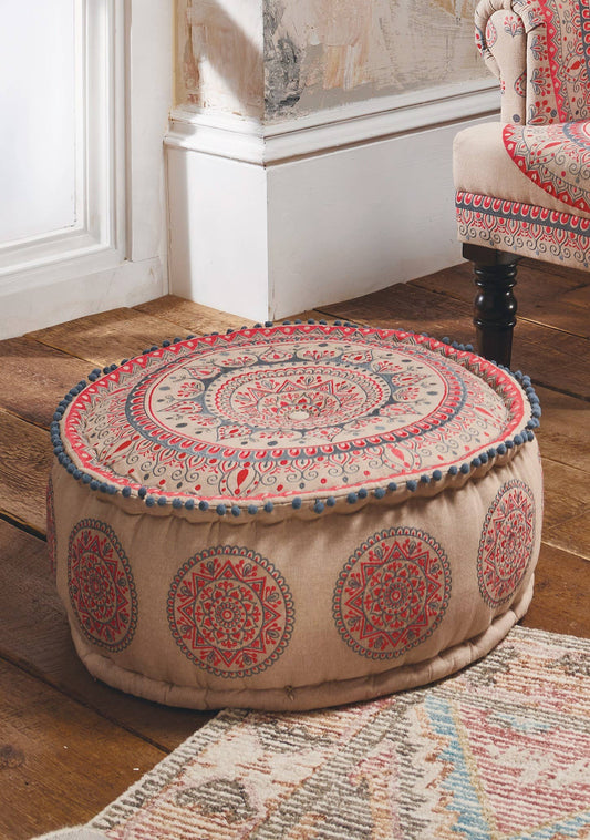 Mandala Embroidered Pouffe | Handcrafted Cotton Pouffe