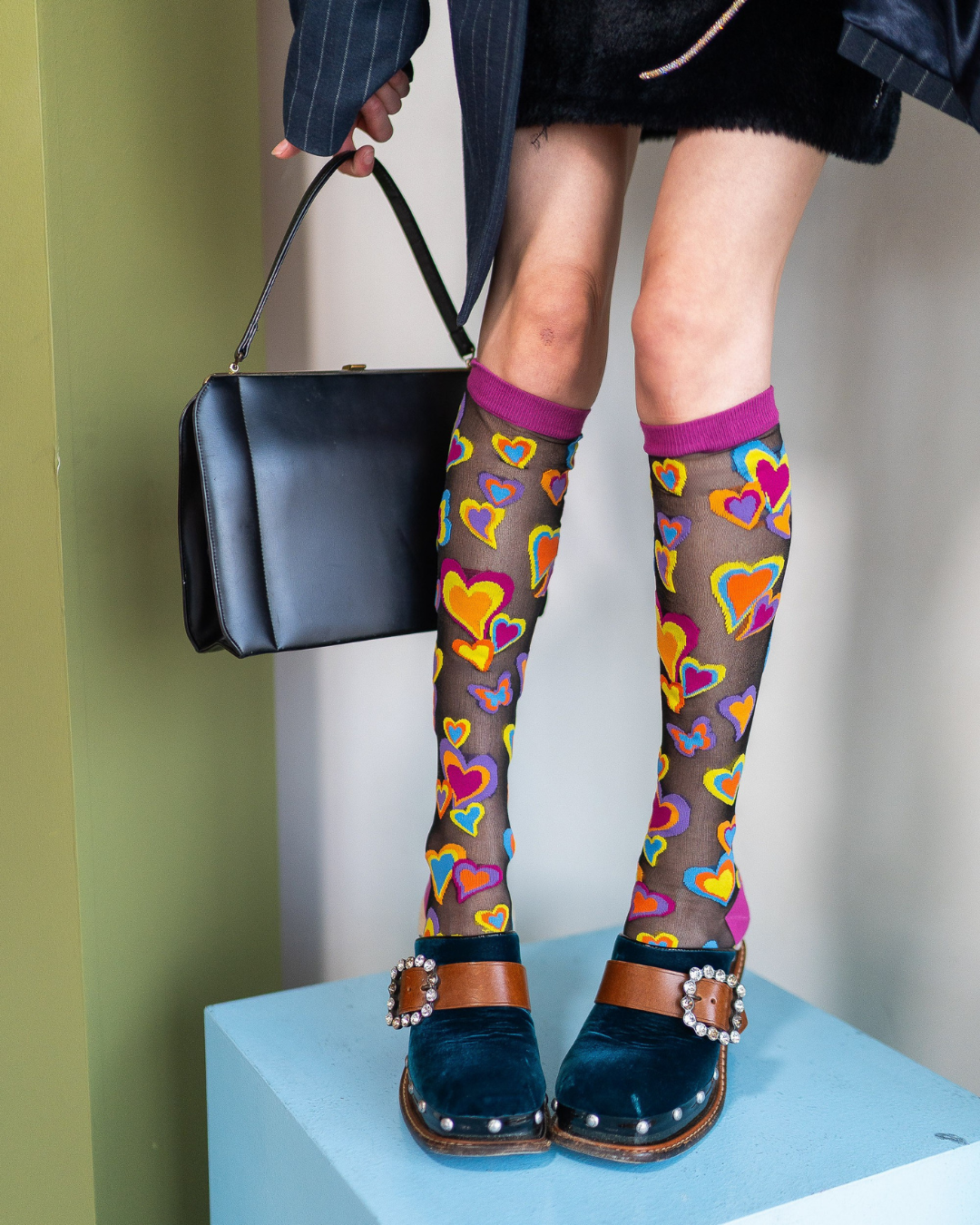 Y2K Hearts Black | Sheer Knee High Socks