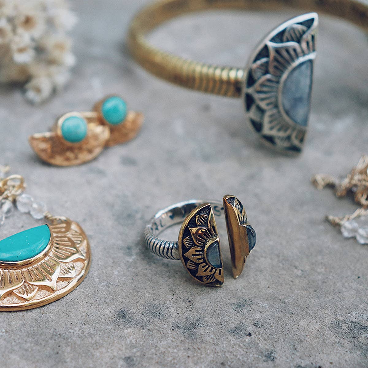 Natural Mystic Ring | Moonstone, Sterling Silver with Brass | Bahgsu Jewels