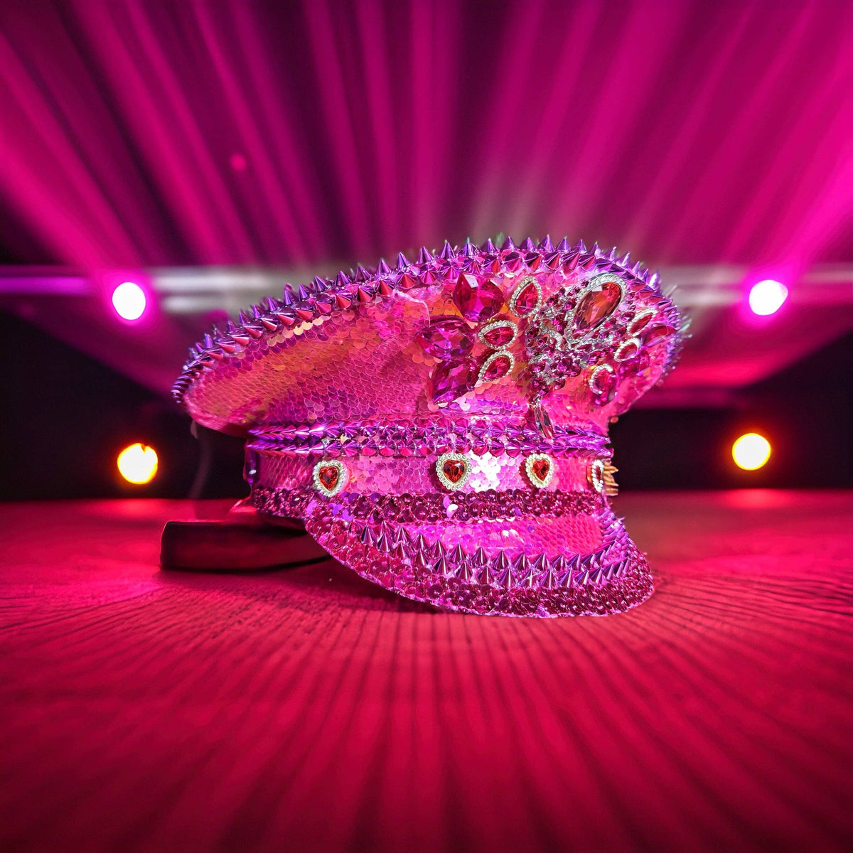 Pink Heart Rhinestone Sequin Captain's Hat | Festival Glam