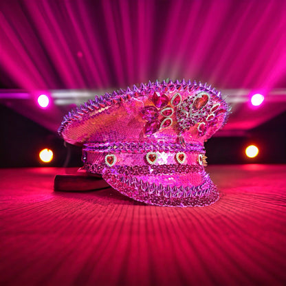 Pink Heart Rhinestone Sequin Captain's Hat | Festival Glam